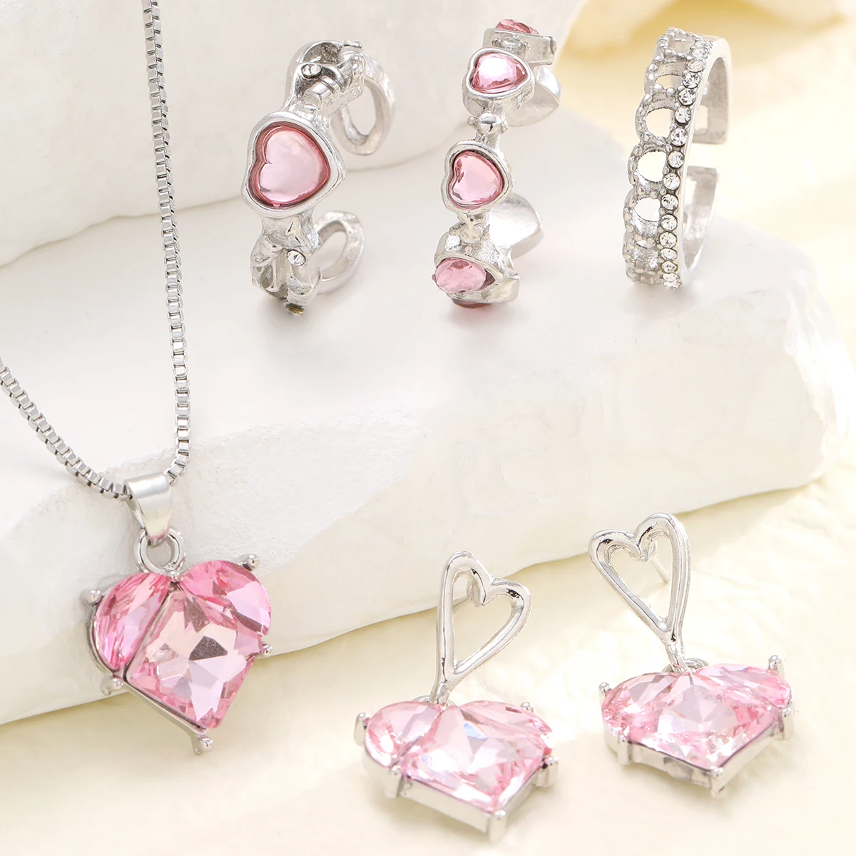 New Pink Crystal Heart Jewelry Set for Women Simple Y2K Zircon Love Elegant Pendant Necklaces Ring Drop Earring Girls Gifts 2024