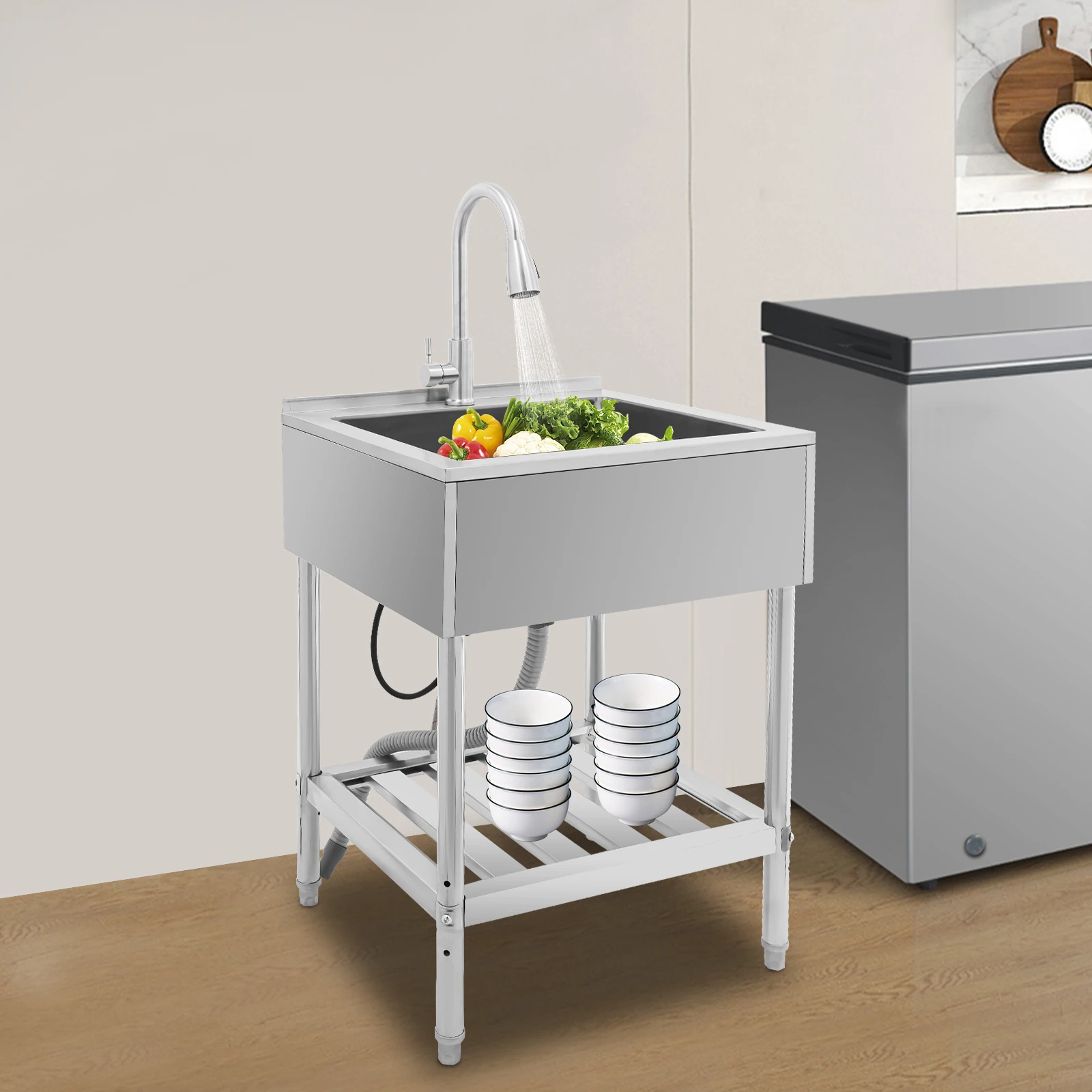 

Одинарная раковина из нержавеющей стали 25*22 дюйма с выдвижным краном для коммерческой стирки, дополнительный уровень хранения