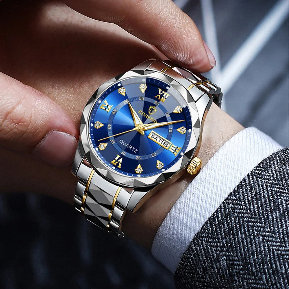 2024 New BINBOND Luxury Watch Fashion Waterproof Male  Clock Luminous Date Stainless Steel Round Quartz Men Watch reloj hombre