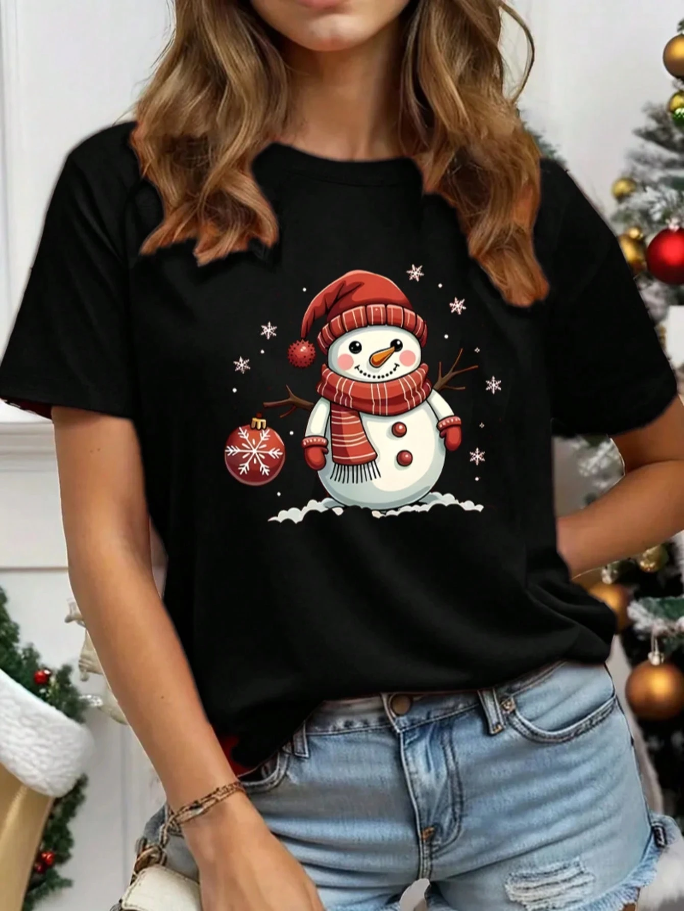 

Christmas Snowman Print Women Short Sleeve T-Shirt Casual Funny Graphic Tees Cute Holiday Tops
