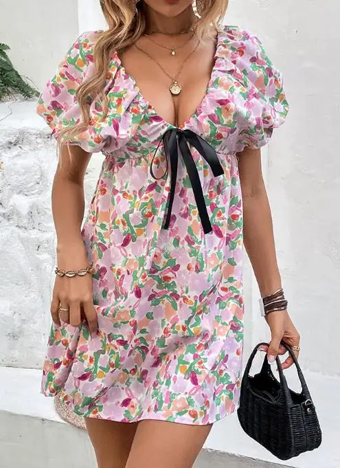 

Summer New Sexy Sweet Casual Vacation Style Floral Print Deep V-Neck Bow Sticker Slim Fit Bubble Sleeve A-Line Women's Dress