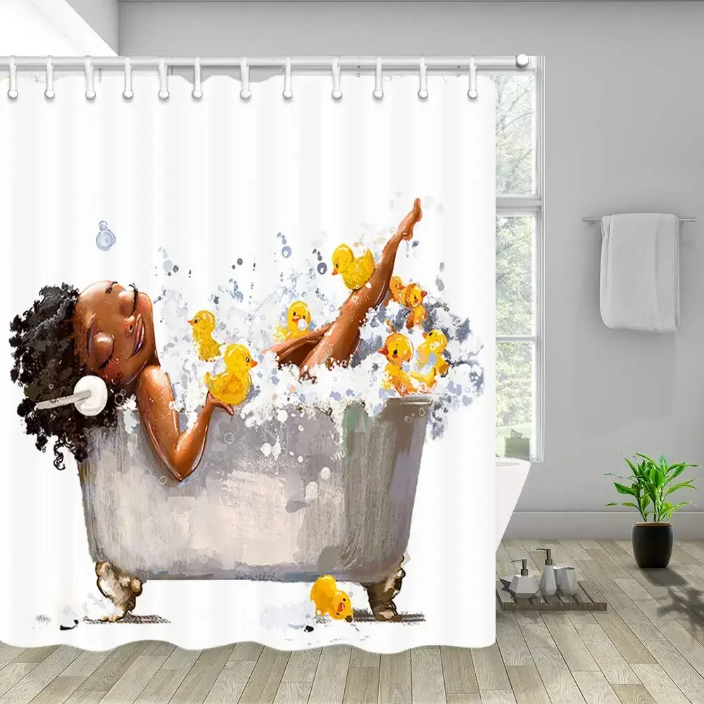 African Afro Woman with Headphones and Duckling Bathes in Bathtub Bath Curtains