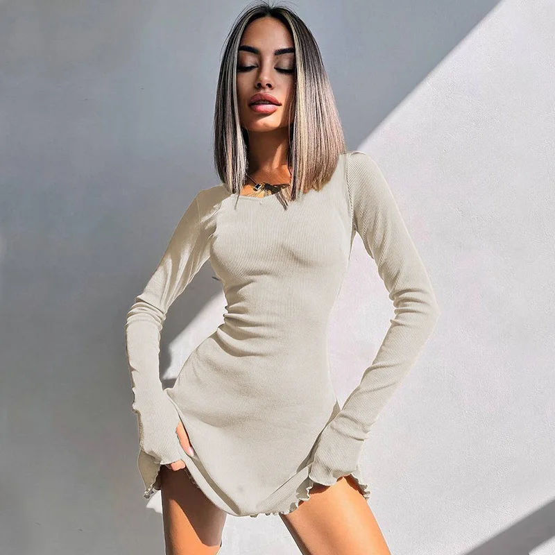 Elegant And Pretty Women Dresses Autumn Winter New Black Sexy Short Dress Female V Neck Long Sleeve Slim Solid Color Mini Dress