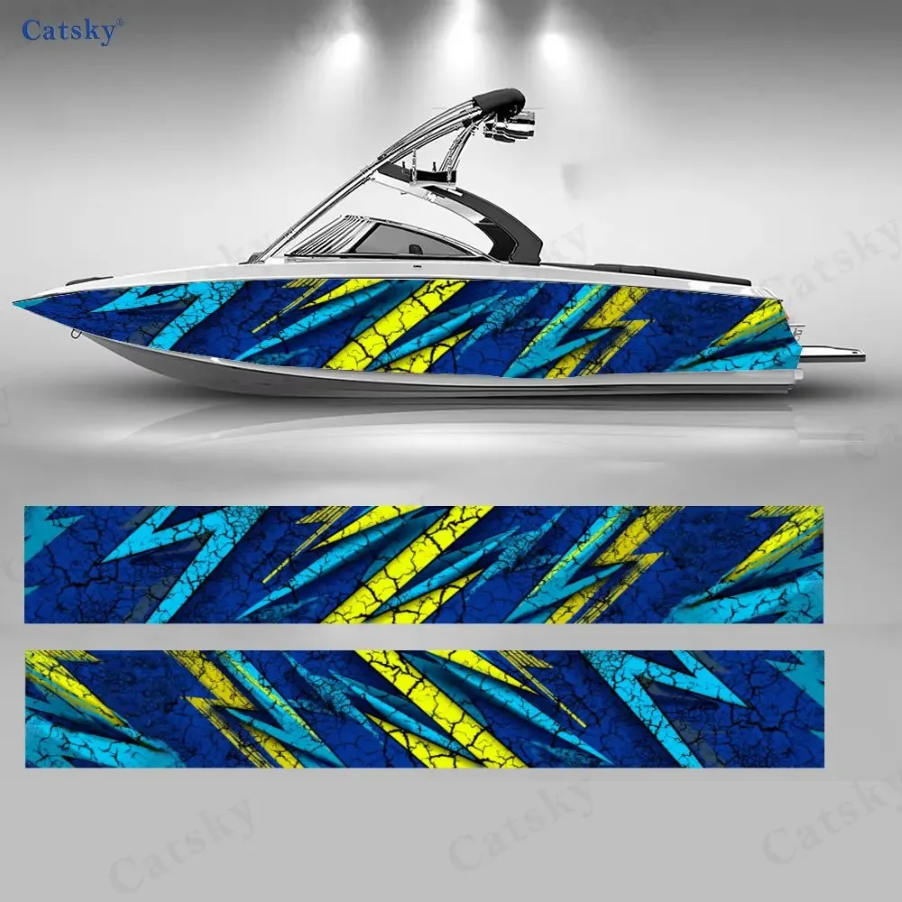 2Pcs Blue & Yellow Cracked Lightning Boat Sticker, PVC Waterproof Vinyl Wrap Decals for Fishing Boat, Durable and Stylish Design