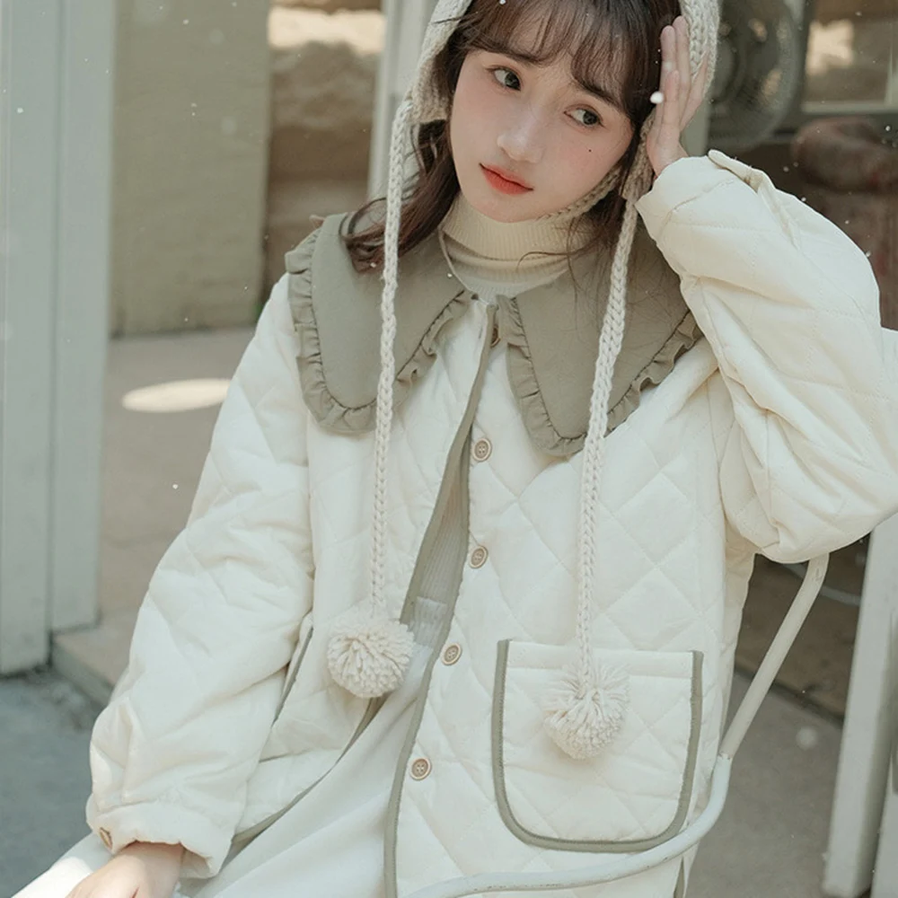 Japanese Ruffled Peter Pan Collar Cotton Padded Jacket Women Vintage Lolita Puffer Parka Winter Warm Tops Patchwork Quilted Coat