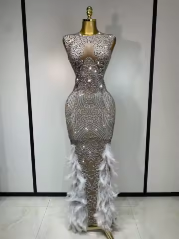 Women Sparkly Rhinestone Feathers Sleeveless O Neck Bodycon Long Dress Wedding Guest Gowns Luxury Birthday Evening Party Dress