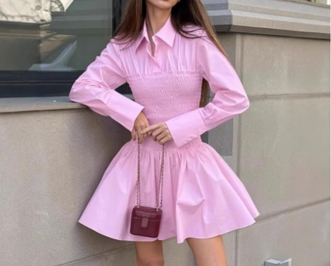 قميص بياقة للتنقل لخريف 2025، درجة عالية، خصر مخفي، أكمام طويلة، تنورة على شكل حرف A، تنورة قصيرة، ملابس نسائية