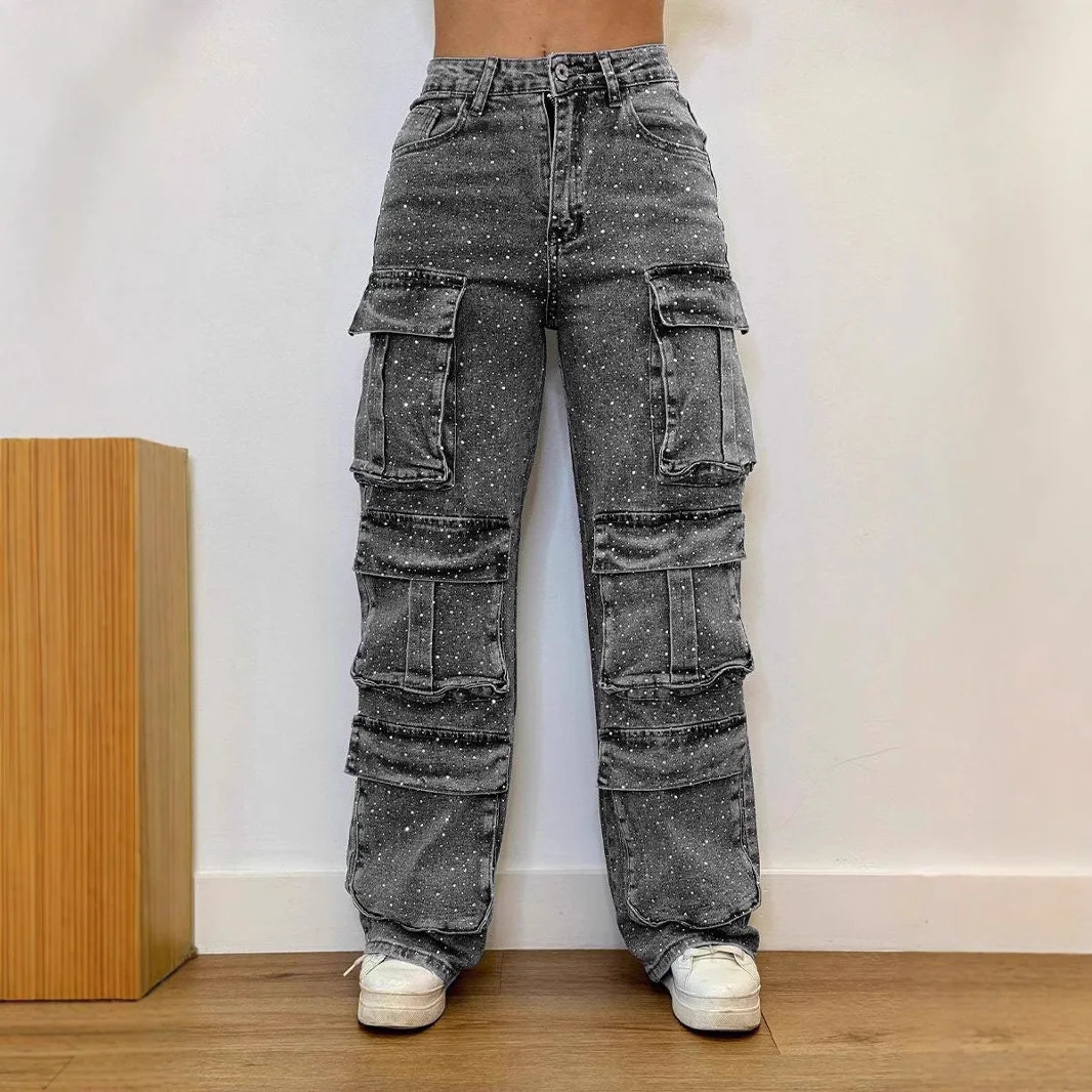 Spring and Autumn European and American Street Style Pocket Inlaid with Diamonds Casual Denim Work Pants for Women