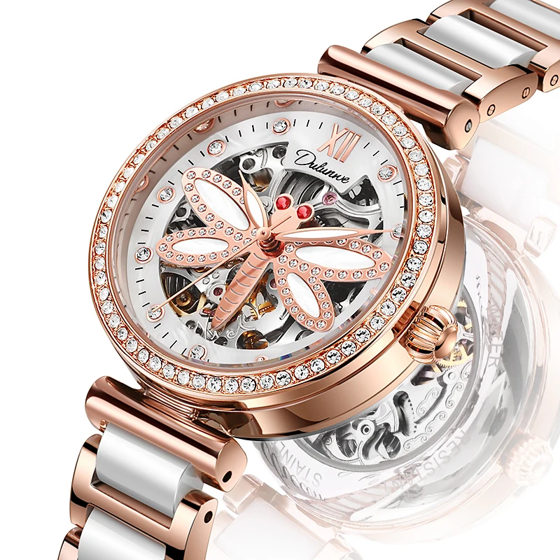 

BOLYTE Fashion Women Diamond Case Dragonfly Dial Skeleton Mechanical Watch Stainless Steel Strap Waterproof Ladies Wristwatches