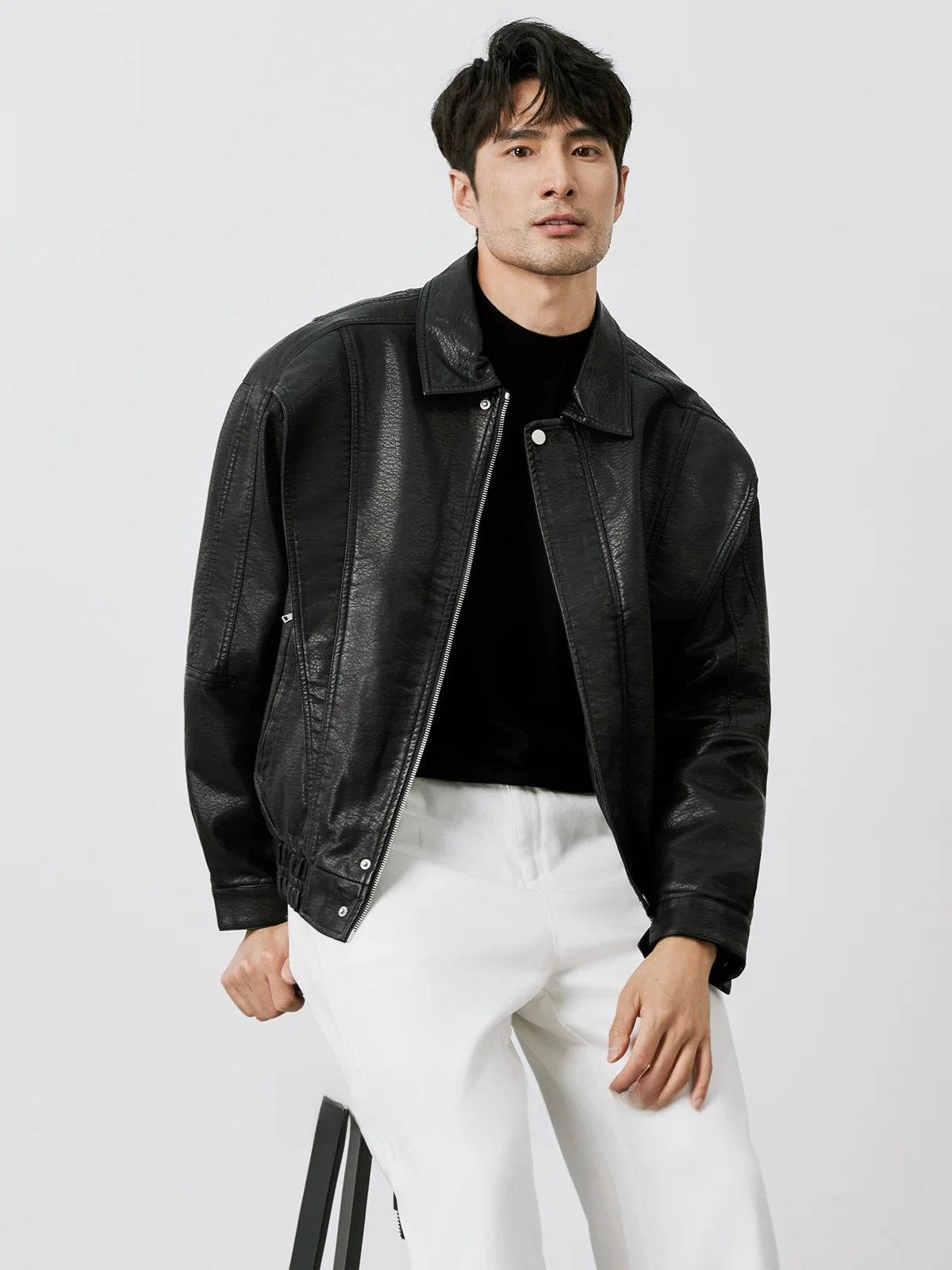 

American Sle Retro Collar Bla PU Leather Jaet ort Casual Motorcycle Clothes Men's Faion Urban Autumn Winter Coat