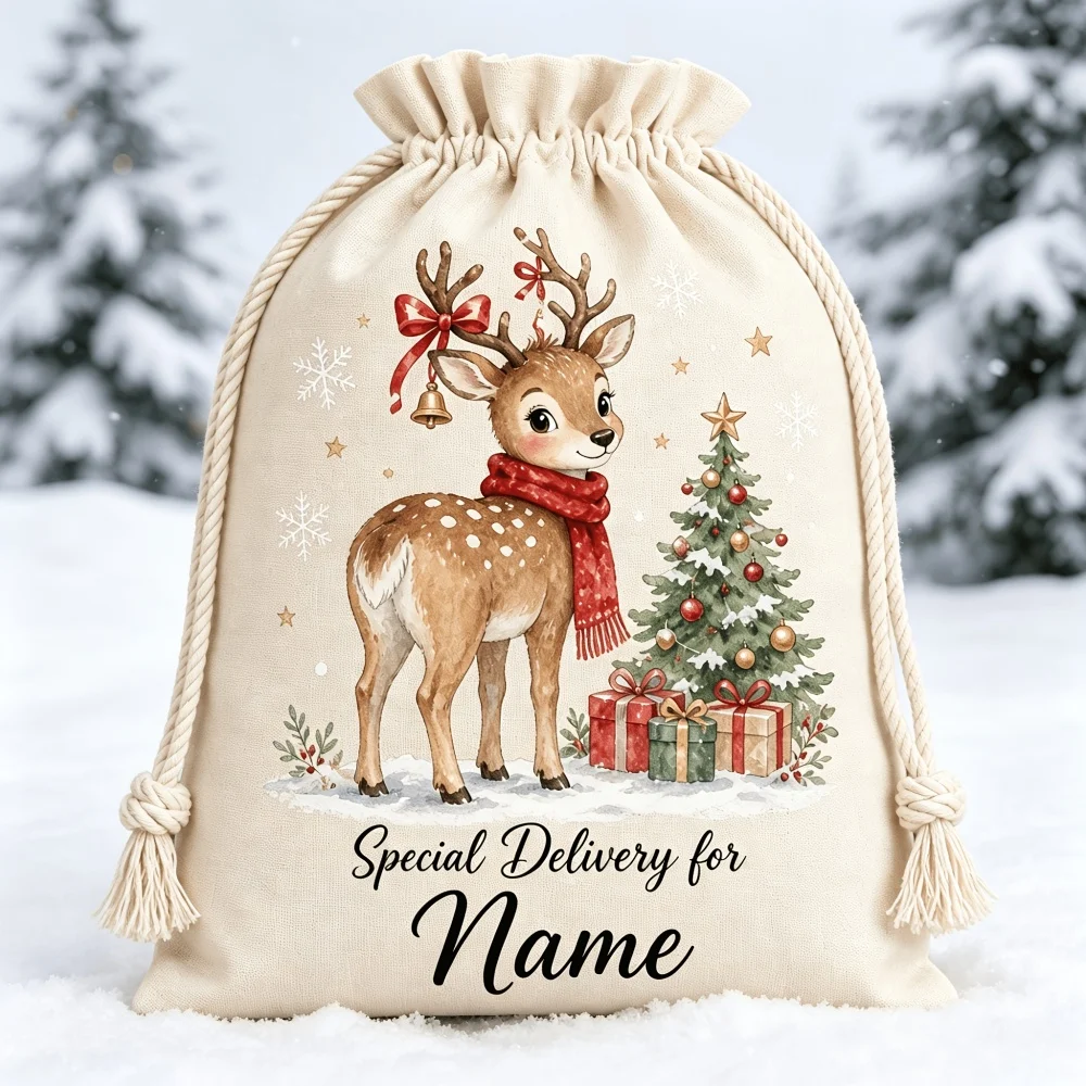 1Pc Christmas Custom Name/Text Imitation Hemp Gift Bag,Xmas Tree Reindeer Theme Drawstring Closure Storage Pouch,Party Candy Bag