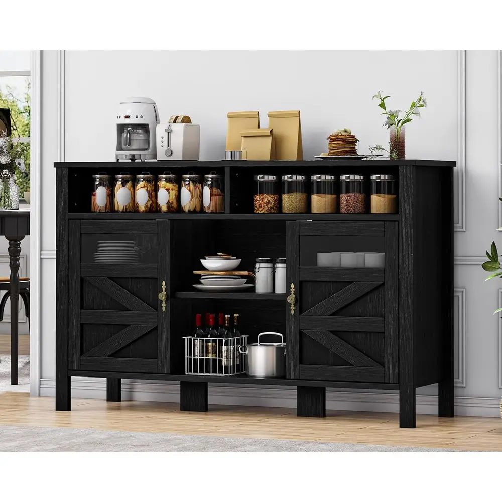 خزانة بوفيه كبيرة للمزرعة مقاس 55 بوصة مع مساحة تخزين، وخزانة جانبية مزدوجة الباب مع رفوف مفتوحة، وطاولة بار قهوة متعددة الأغراض لـ