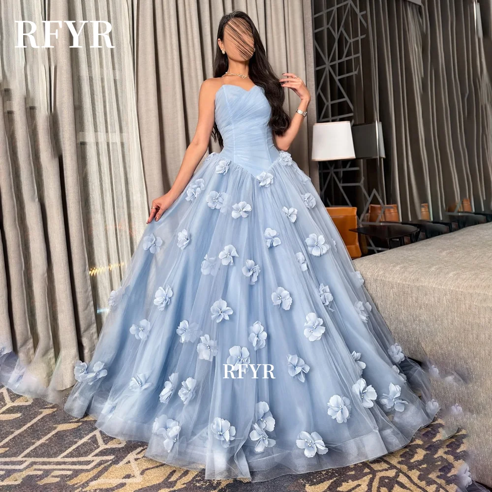 

RFYR Blue Princess Dress with 3D Flowers Prom Dress Strapless Party Gown Elegant A Line Gowns فساتين مناسبة رس