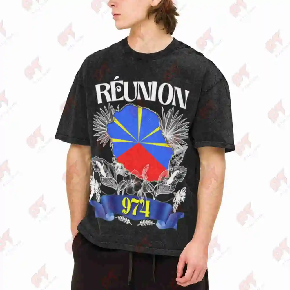 Reunion Island 974 License Plate Creole Vintage Washed Tee Pure Cotton T-Shirt
