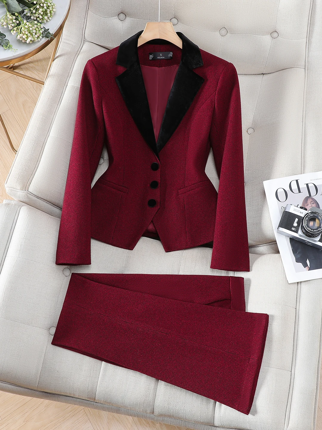 Short Woolen Suit Set Women's Autumn Winter New Style Professional OL Waist-Cinching Color Block Suit Flared Pants Two-Piece Set