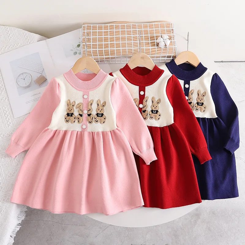 Children's Dresses Cartoon Bear Sweater Dress Christmas Sweater Winter Clothes for Girls  Knit Sweater Korean Style