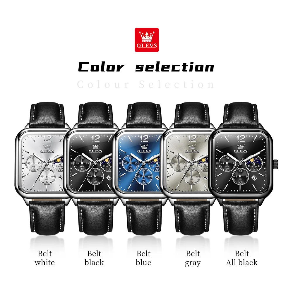 OLEVS 9914 Orologio da uomo al quarzo Orologio da polso multifunzionale con nastro sportivo quadrato Blet Orologio da uomo Luna 30m Scatola luminosa impermeabile regalo