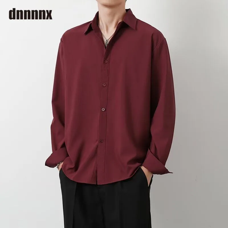 Spring Handsome Loose-fitting Solid Color Versatile Casual Ice Silk Long-sleeved Shirt for Men Women