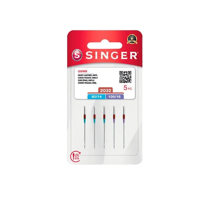 Estuche con 5 Agujas Singer Nº90 y Nº100 para Cuero – Compatible con Máquinas de Coser Universal, Ref. 2032