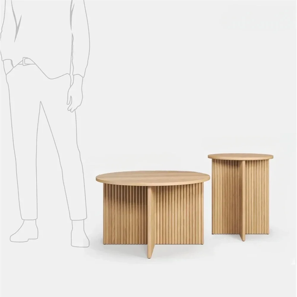

Round Fluted Nesting Coffee Table - 2 Piece Coffee Table Set - Living Room Furniture Solid Wood Base and Wood Grain Veneer Top