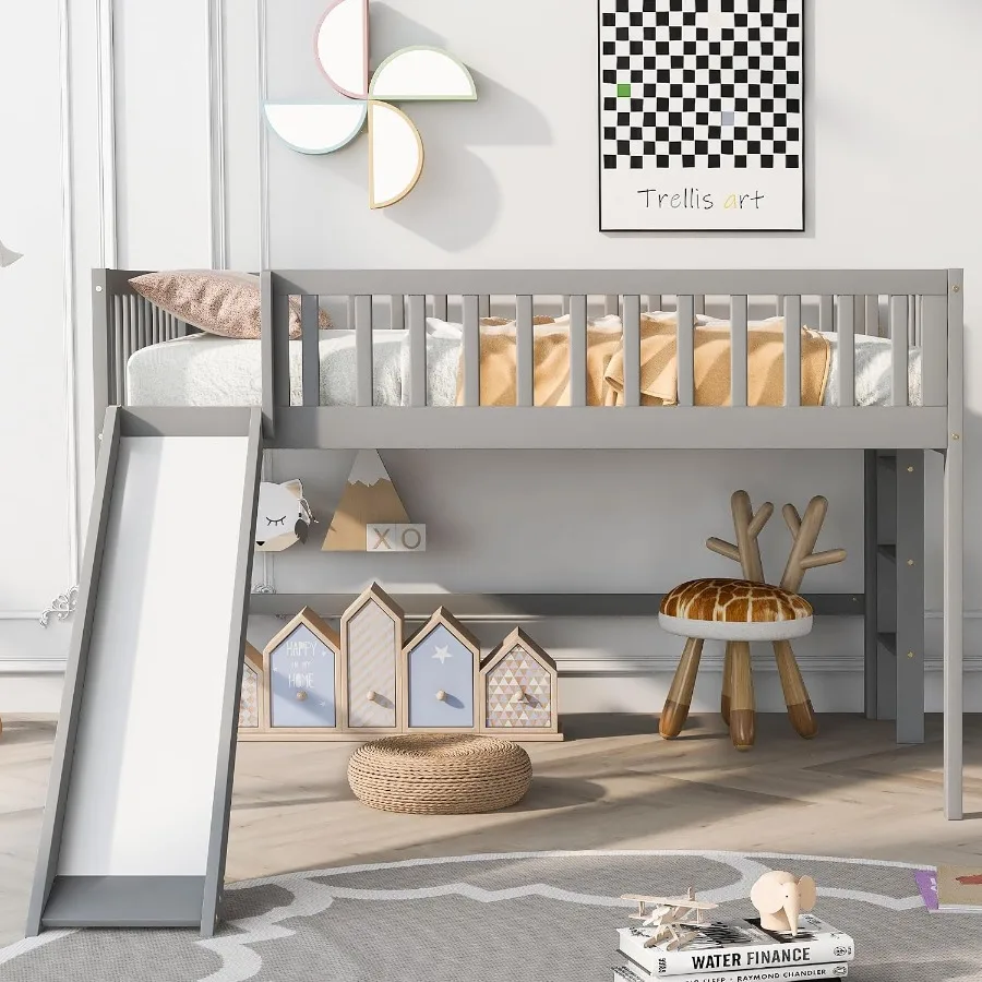 Low Loft Bed with Slide, High Guardrail Ladder for,Wooden Frame, Gray, No Box Spring Needed, Ideal for Small Spaces