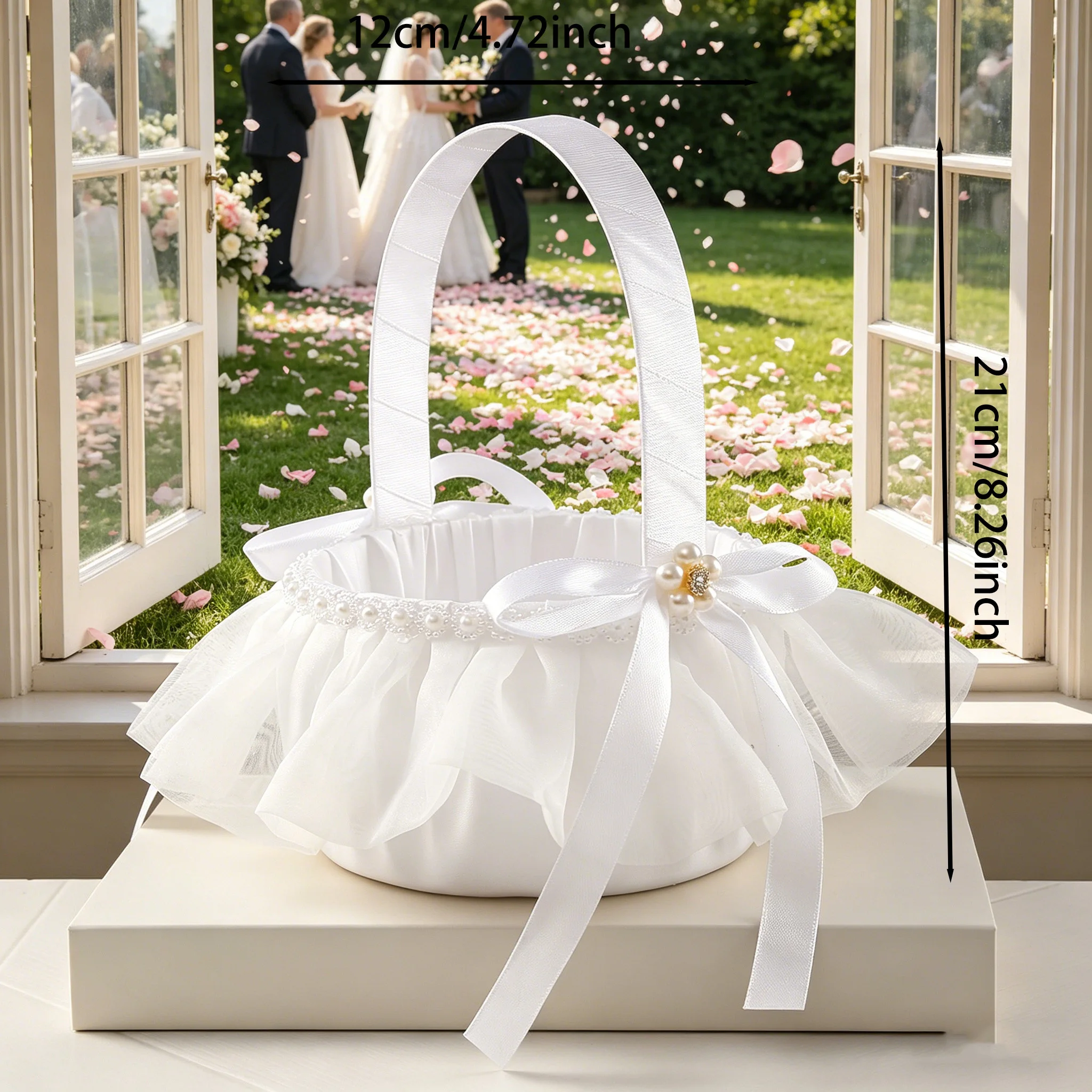 A simple and elegant wedding banquet tablecloth with fabric flowers and flower baskets for the flower girls