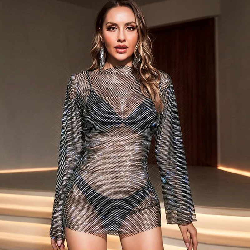 Großartiges Damen-Minikleid mit glänzenden Strass-Steinen, Fischnetz-Design, langen Ärmeln, durchsichtig, figurbetont, für Party und Clubwear, Sommerkleid 2026 – Detail 2