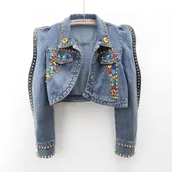 New Fashion Rive Denim Coat for Women Colorful Faux Gemstone Denim Jacket Hip Pop Streetwear Clothes Women Jackets