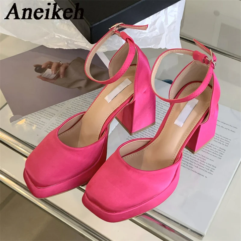 Aneikeh2024 Elegant Sexy Silk Mary Janes High Heels Women Platform Square Head Thick Heel Buckle Strap Single Shoe Wedding Dress