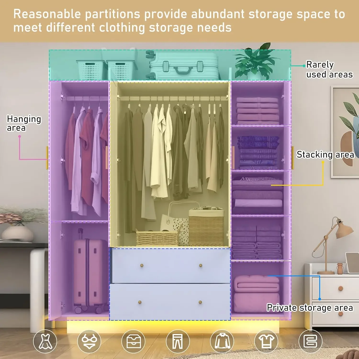 خزانة خشبية حديثة مع مرايا ومصابيح ليد ، خزانة غرفة نوم مع أدراج ورفوف ، 4 أبواب