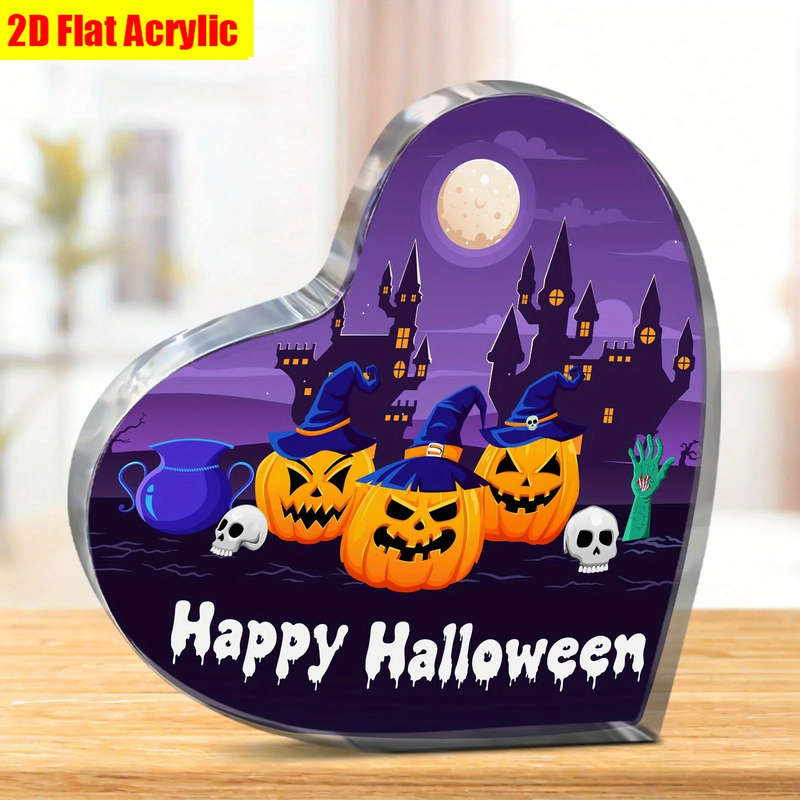 Happy Halloween Heart‑Shaped Acrylic Plaque Pumpkin Witch Haunted Castle Desktop Holiday Decor Heart Acrylic Halloween Stand, Spooky Castle Jack‑O‑Lantern Skull Zombie Hand Table Ornament