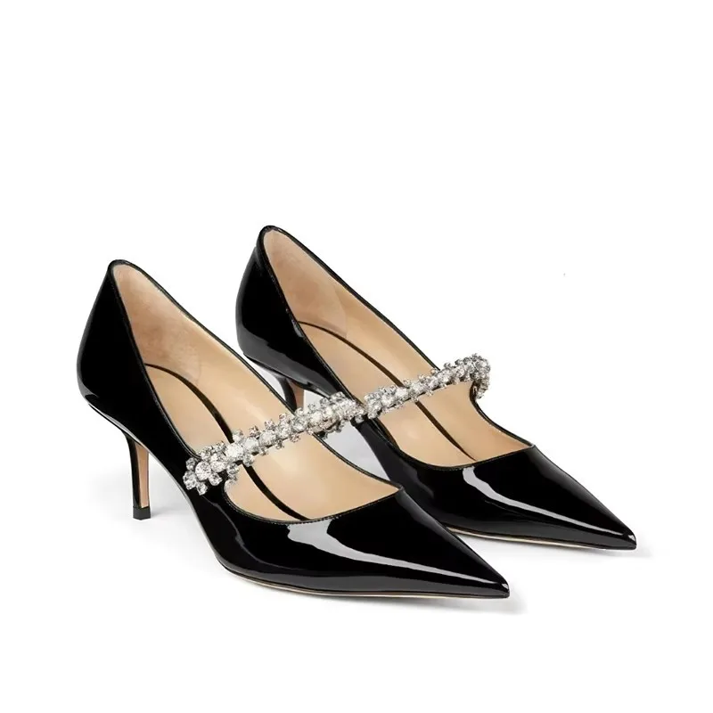 Bright Black Single Shoes with Rhinestones Low Heels Patent Leather Women Dress Shoes Pointed Toe Stilettos with Ankle Strap