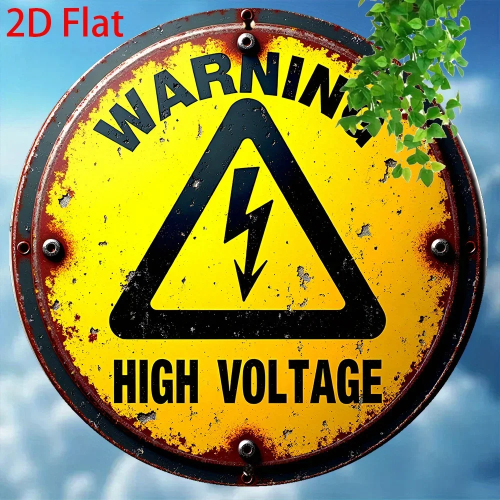 2D Flat - 1pc Vintage Electrical Warning Sign | Retro Round Metal Plaque with HIGH VOLTAGE Decoration, Yellow & Black Danger