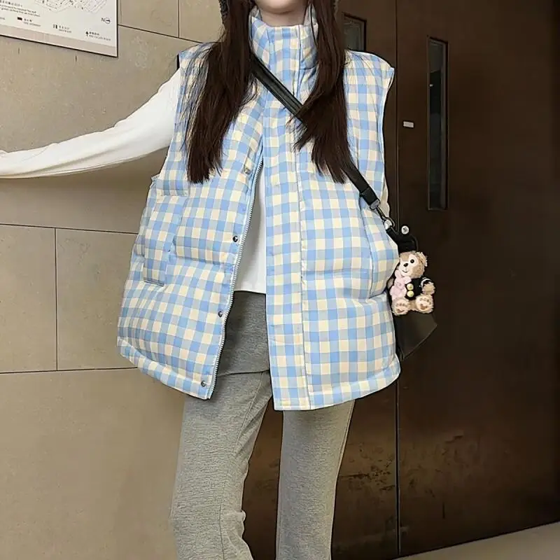 

plus size grid stand collar down cotton jacket vest Women's autumn winter new model loose Slimming design fashion coat casual