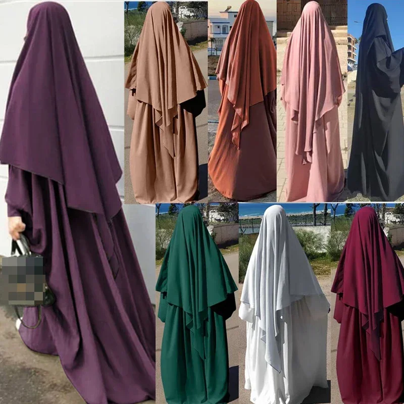 Abaya 2 Piece Sets Ramadan Women Hooded Muslim Modest Dress Eid Prayer Garment Jilbab Long Khimar Full Cover Islamic Clothing