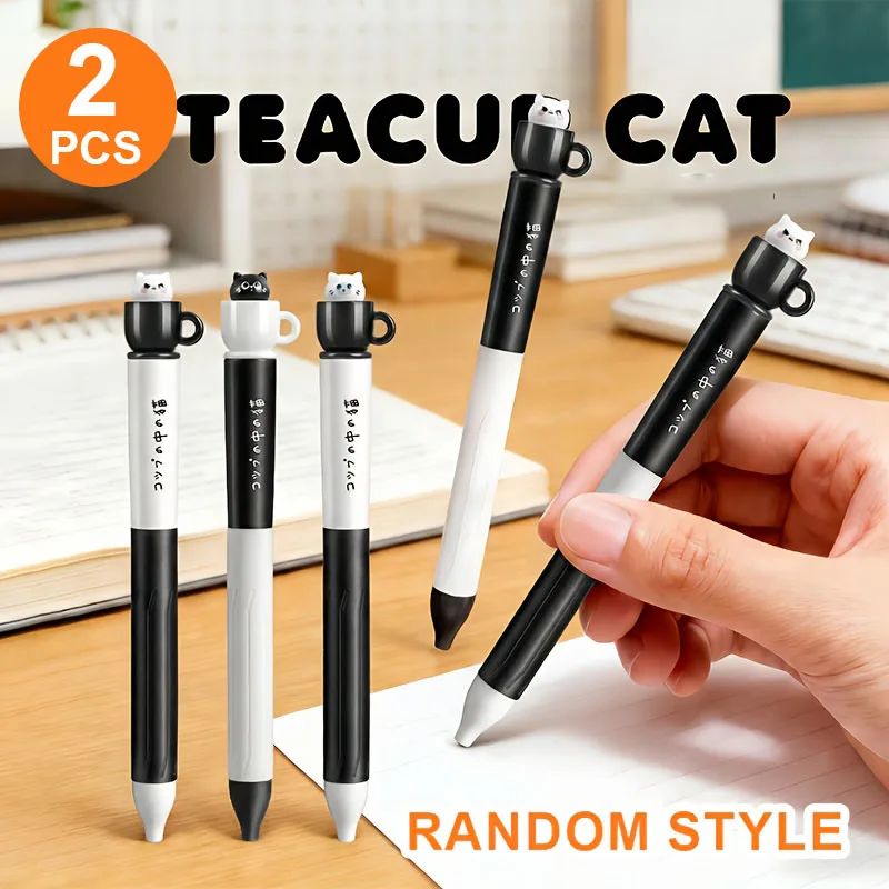 2pcs tea cups cat neutral pens, random style, 0.5mm black ink, Neutral Pen, Classroom reward, Festival Gifts, Student Stationery