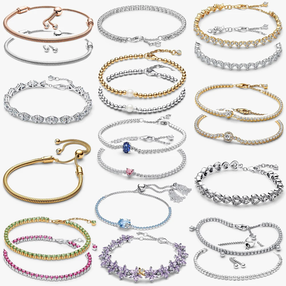 

2026 New 925 Silver Heart Shaped Fashion Sparkling Bow Adjustable Snake Bone Sliding Tennis Bracelet DIY Exquisite Charm Jewelry