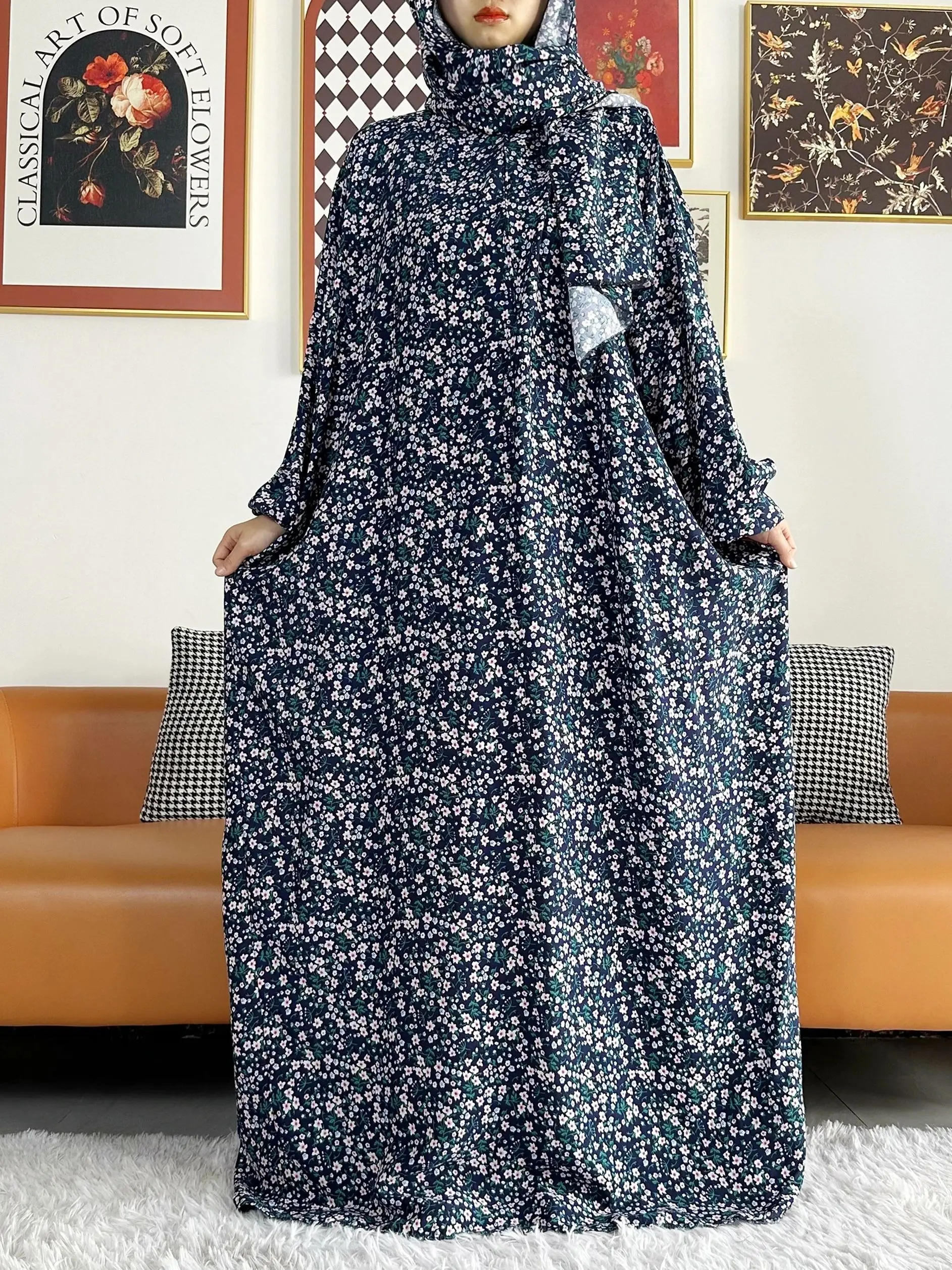 

New Muslim Ramadan Prayer Cotton Abayas For Women Dubai Turkey Middle East Femme Robe Floral Loose African Dress Turban Attached