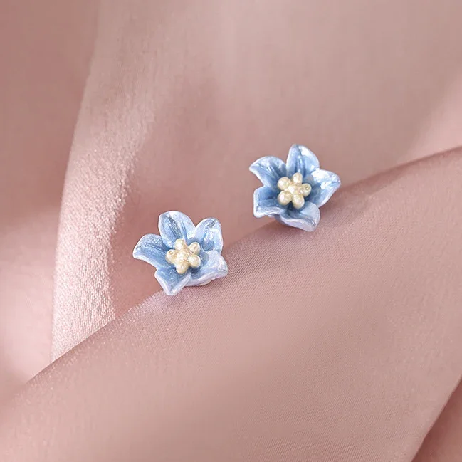 Reqal 925 Sterling Silver Bule Flower Stud Earrings for Women Party Cute Plant Fine Jewelry Minimalist Accessories