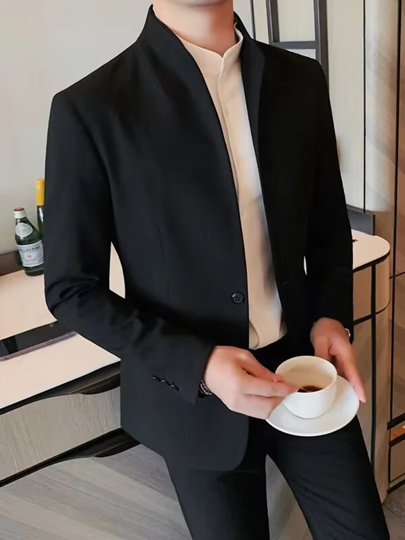

Formal Fashion Men Suit Jackets Business Uniform Work Blazer No CollarS Tops Slim Fit Wedding Business Suit For Men Only Jacket