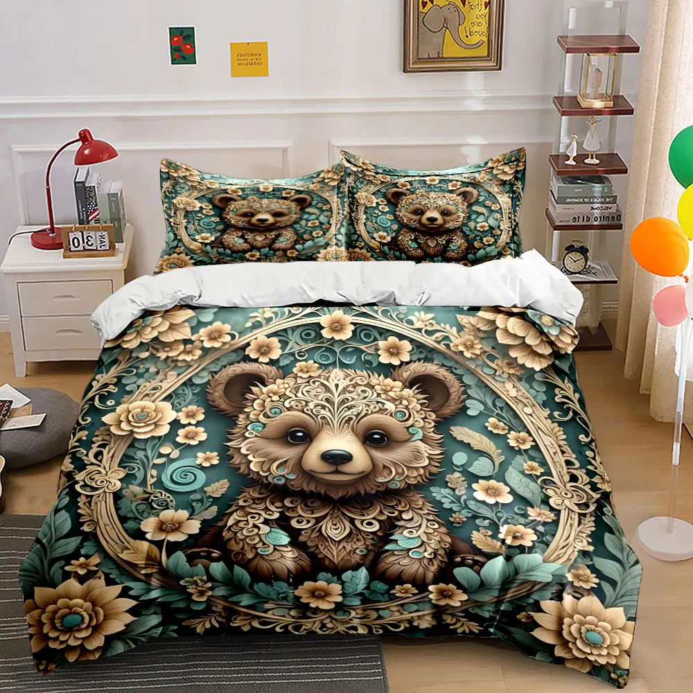 Cute Bear Surrounded by Flowers Printed Duvet Cover Set1 Duvet Cover+2 PillowcaseMulti Size Bedroom Bedding Decor Luxury gifts