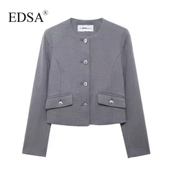 EDSA Women Casual Grey Blazer with Metal Button Single Breasted Flap Pockets Long Sleeves Solid Color Jacket Coat