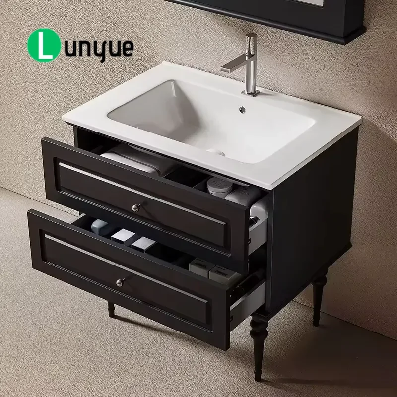 Classic Black Floor to Ceiling Bathroom Vanity Set with Smart Mirror Waterproof Medicine Cabinet Solid Wood Ceramic Basin