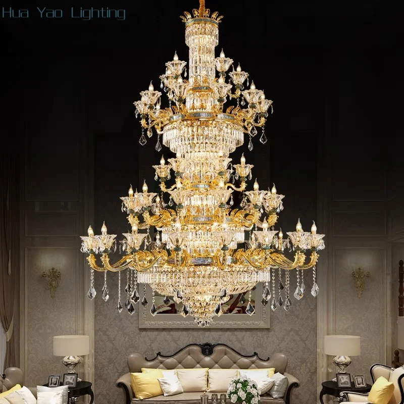 French Style All Copper Living Room Crystal Chandelier European Style Duplex Hall Luxurious And Atmospheric Villa Lamp