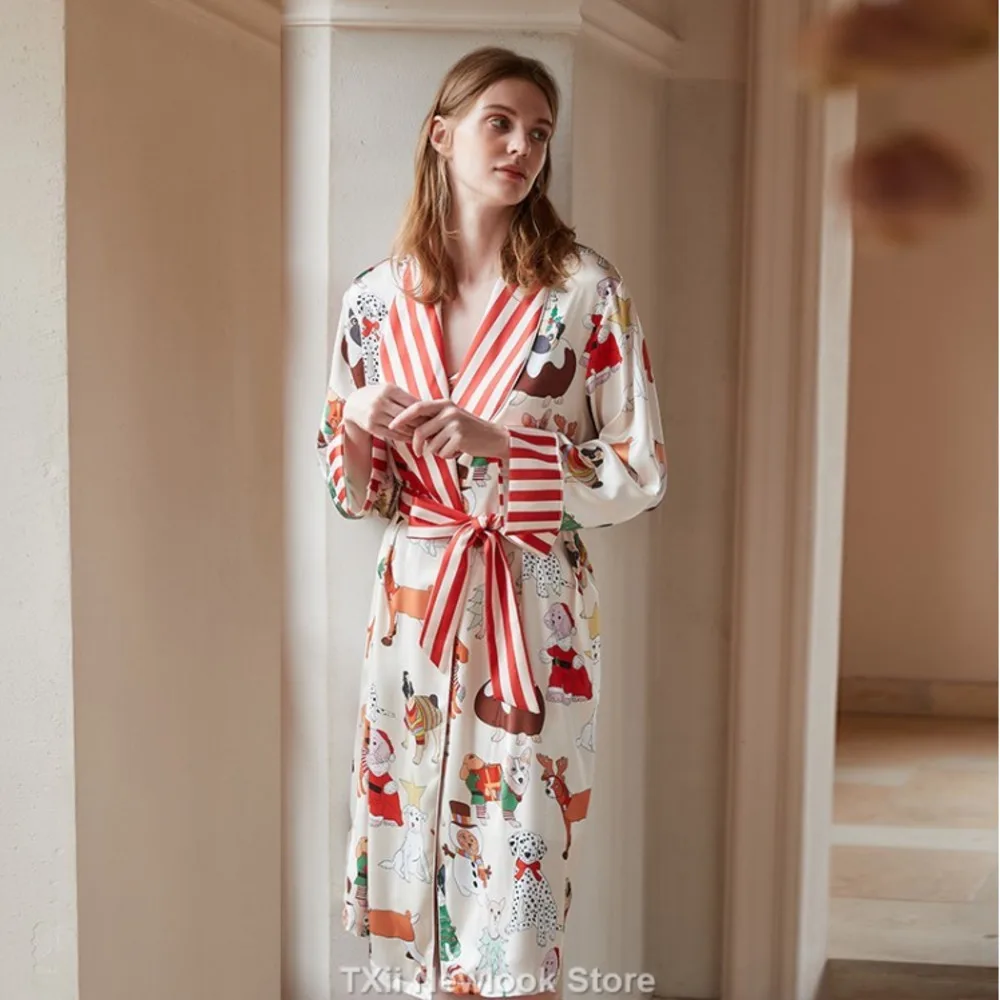 [Christmas Dog]2023 New Style Pajamas Women's Autumn Ice Silk Long Sleeve Nightgown Spring and Autumn Thin Printed Bathrobe