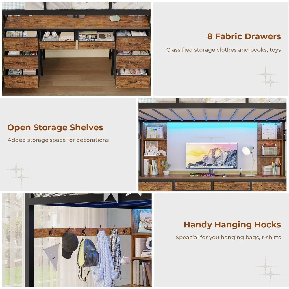 سرير علوي مع مكتب، سرير علوي معدني مزدوج مع 8 أدراج للتخزين ومحطة شحن وأضواء LED، 4 أرفف تخزين مفتوحة، Noise-Fr #5