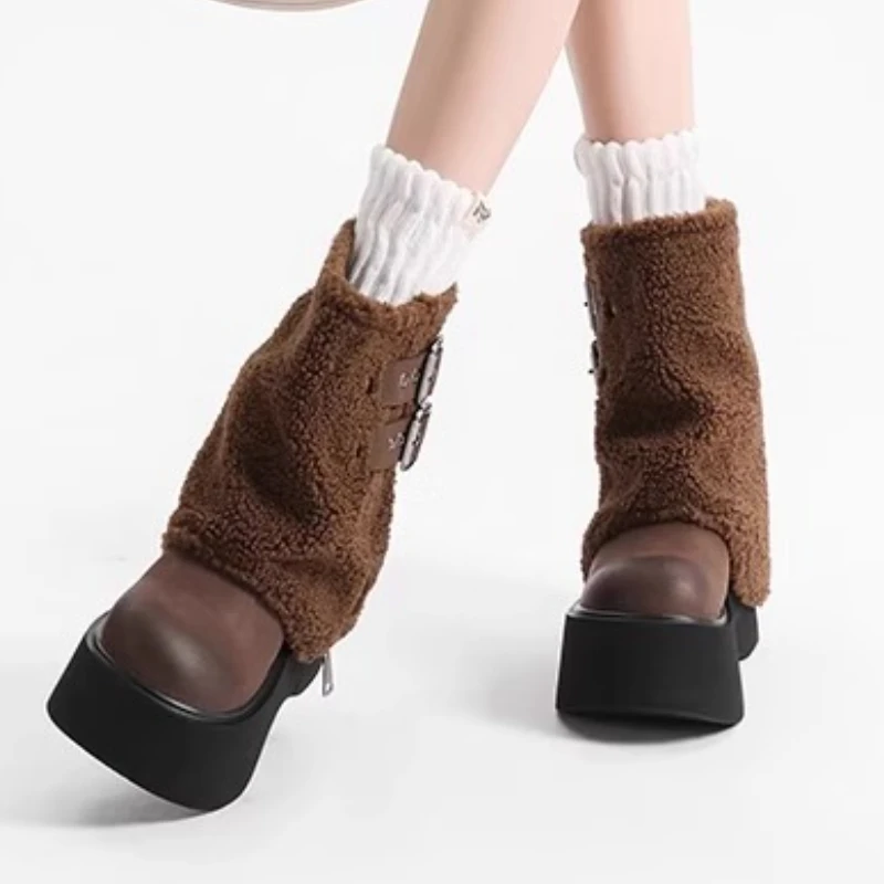 

Модные ботинки до середины икры на толстой подошве с пряжкой на ремне, брендовые дизайнерские женские ботинки, уличные плюшевые теплые нескользящие прогулочные ботинки Botas Mujer