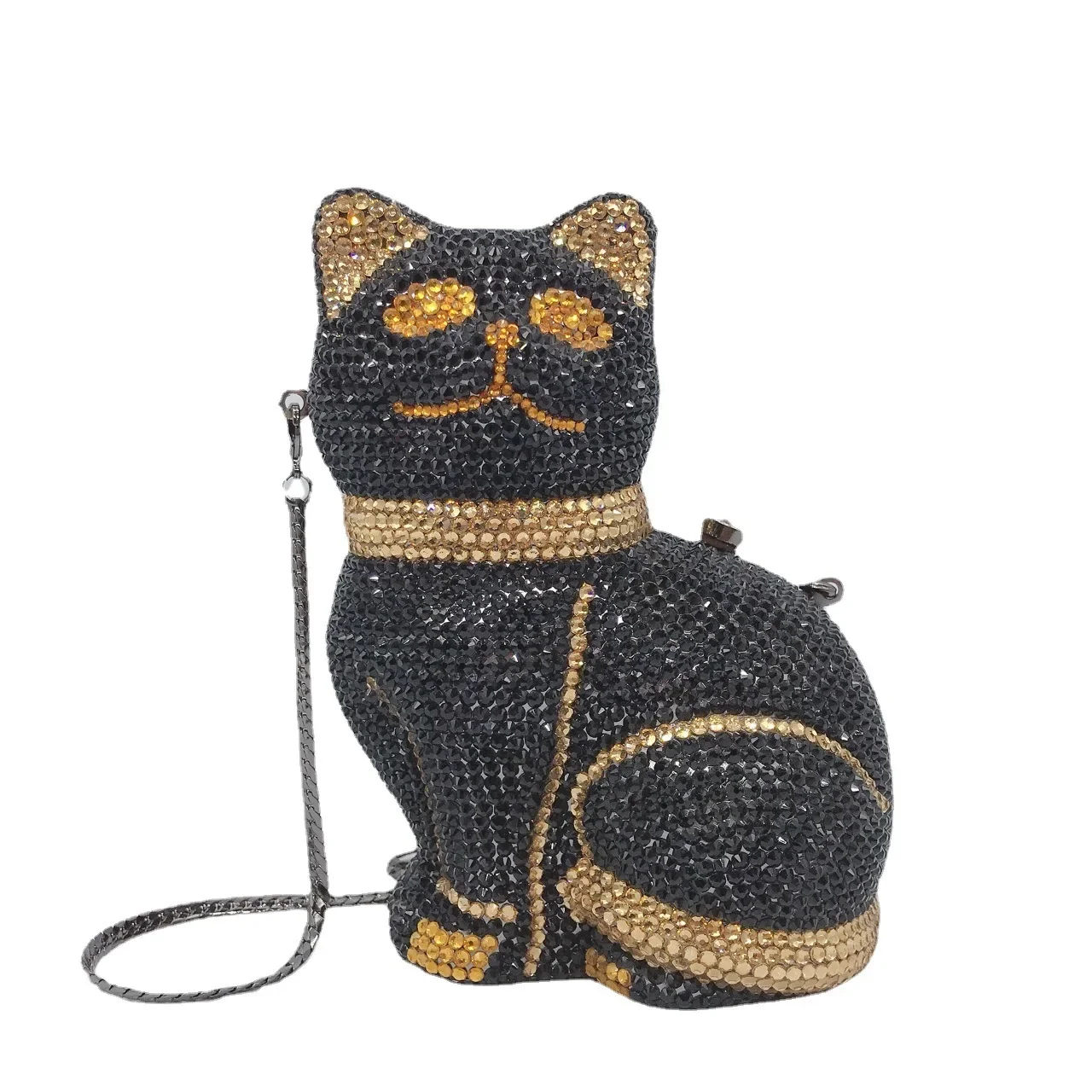 Cat diamond dinner bag, banquet animal full diamond clutch bag, dress hard box women's bag