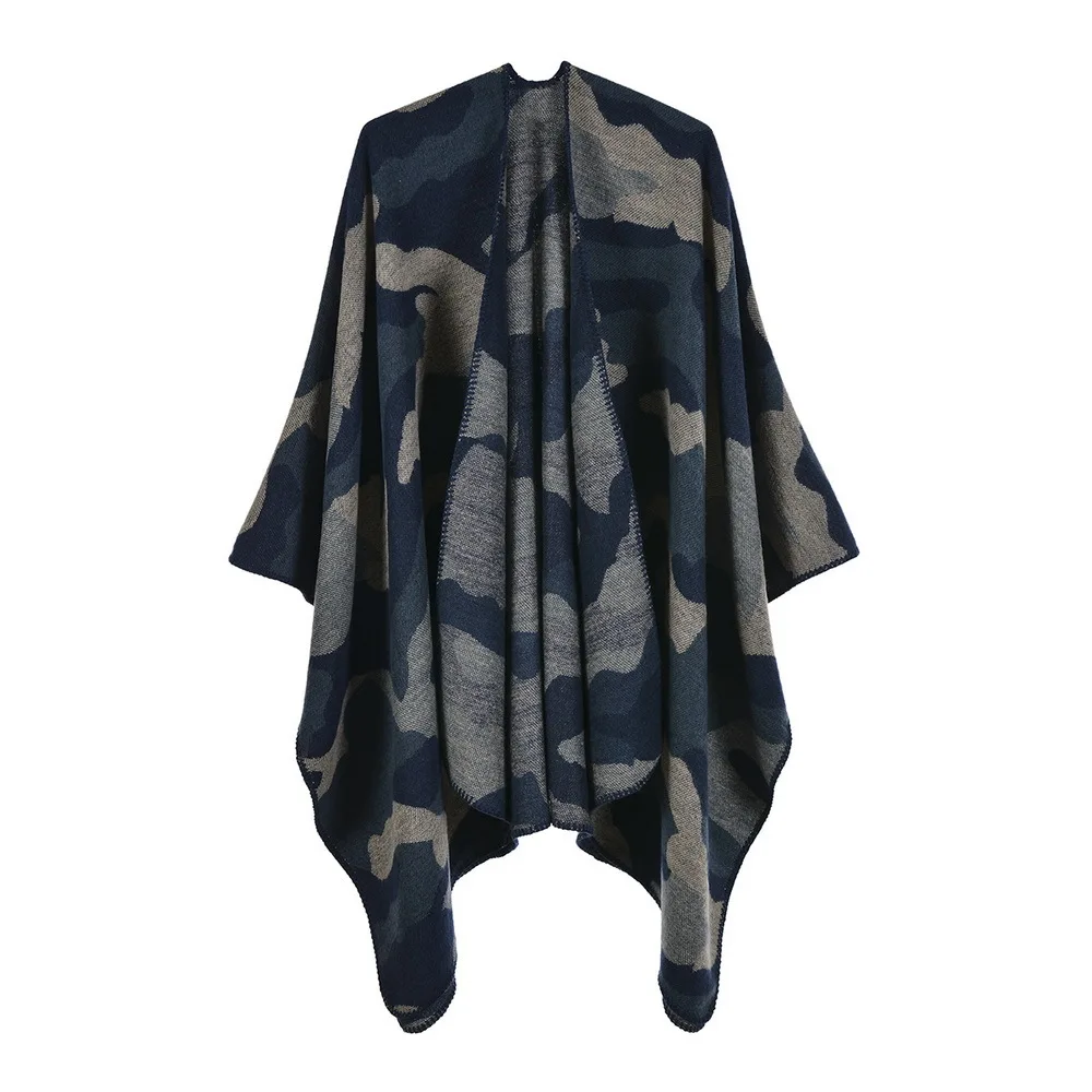 

Autumn Winter Women Shawl Fashion Imitation Cashmere Jacquard Fork Thickened Cloak Lady Warm Shawl Ponchos Capes Navy