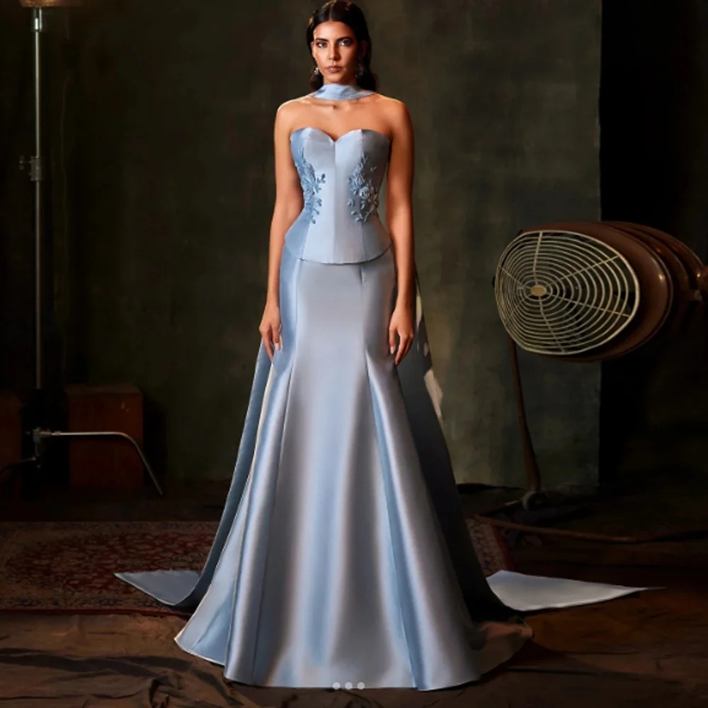 

Customized Sky Blue Evening Dress Saud Arab Sweetheart Sleeveless Applique Sweep Train Satin Mermaid Prom Gown Party Dresses
